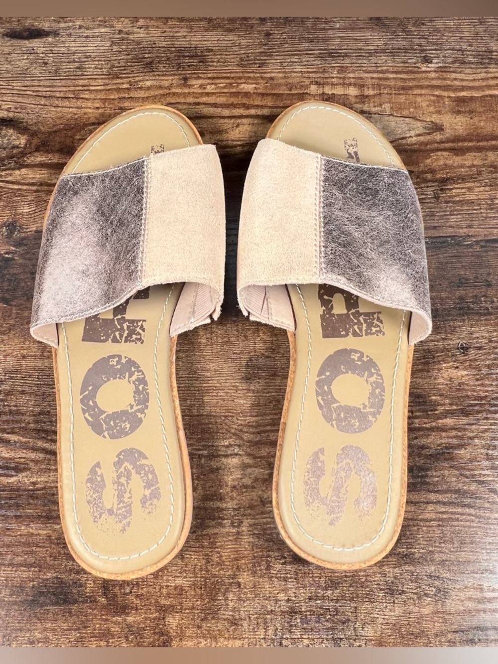 Sorel Two Tone Slide Sandals Metallic Bronze Beige Suede Casual Flat Women's 9 - Picture 5 of 10